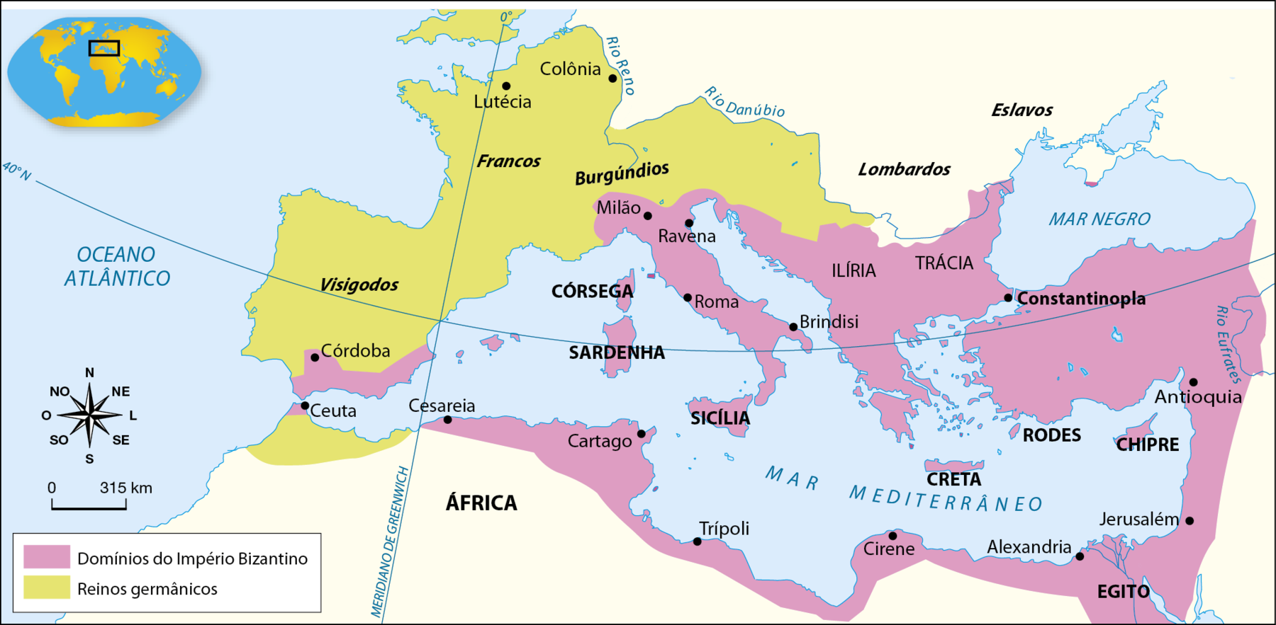 Mapa. O Império Bizantino no governo de Justiniano (527 a 565).
No centro, o Mar Mediterrâneo. Ao norte, parte da Europa, ao sul, o Norte da África, ao leste, a Ásia, a oeste, o Oceano Atlântico. Alguns territórios estão destacados por cores 
Em lilás, ‘Domínios do Império Bizantino’, que englobavam o sul da Península Ibérica, onde se localizava a cidade de Córdoba; o extremo norte da África, no litoral próximo ao estreito de Gibraltar, onde ficava a cidade de Ceuta; o norte da África a leste do meridiano de Greenwich onde ficavam as cidades de Cesareia, Cartago, Trípoli, Cirene, e, no Egito, a de Alexandria; as ilhas da Córsega, da Sardenha, da Sicília, de Creta, de Rodes, de Chipre e as do Mar Egeu; a Península Itálica, com destaque para as cidades de Milão, Ravena, Roma e Brindisi; a Ilíria; a Trácia, a Ásia Menor, com destaque para a cidade de Constantinopla; o extremo sul da Península da Crimeia; a região do Levante, a  oeste do rio Eufrates, com destaque para as cidades de cidades de Antioquia e Jerusalém.
Em verde, ‘Reinos germânicos’, estendendo-se, na África, ao sul do estreito de Gibraltar e à oeste do meridiano de Greenwich. E na Europa, ao sul dos rios Reno e Danúbio, pela Península Ibérica, (visigodos); na antiga Gália (os francos), com destaque para as cidades de Lutécia e Colônia. Os burgúndios, ao norte da Península Itálica. Ao norte da Trácia, os lombardos e os eslavos em um território a noroeste do Mar Negro. Estes dois povos, contudo, não estão assinalados  como reinos.
No canto inferior esquerdo, rosa dos ventos e escala de 0 a 315 quilômetros.