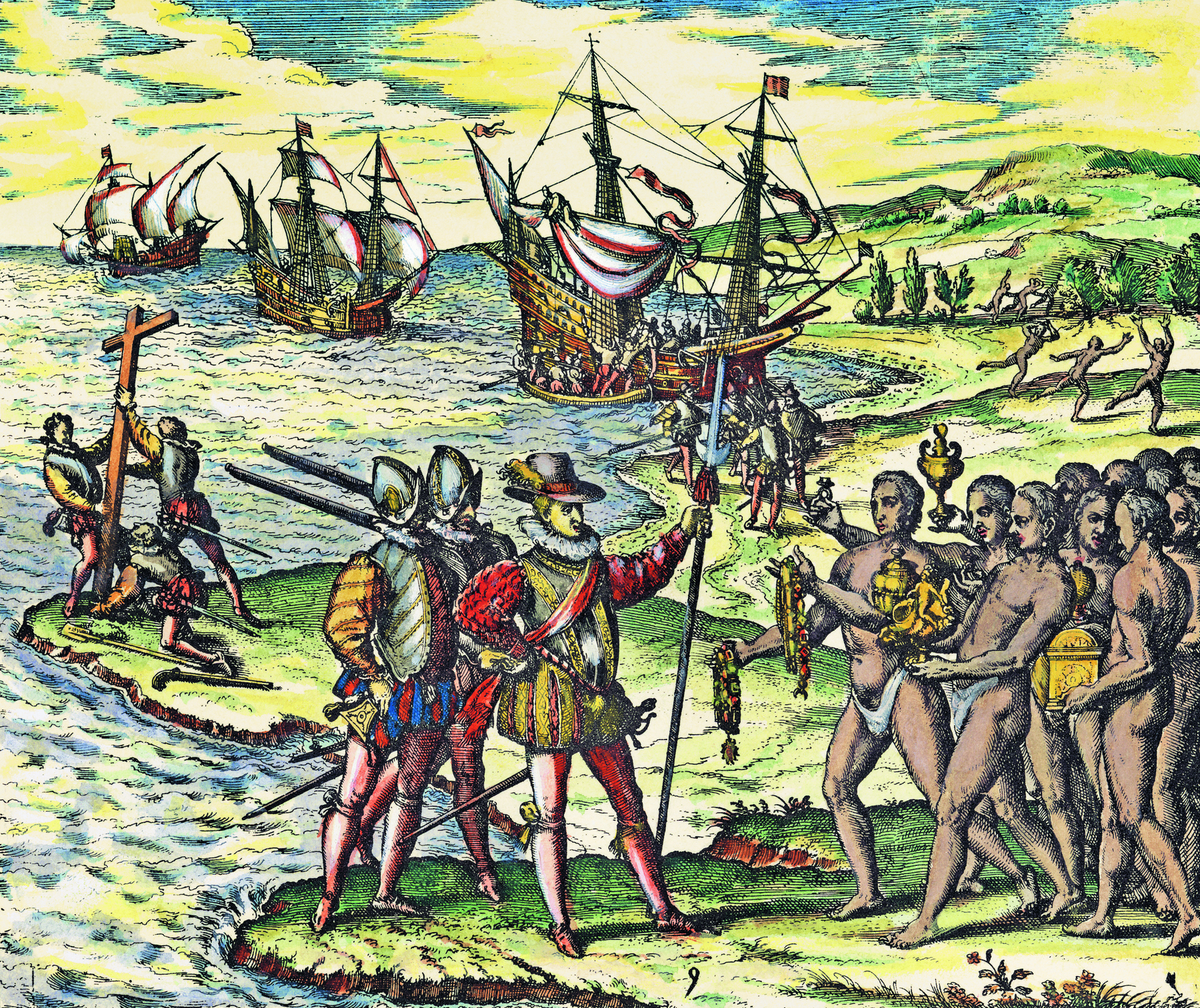 Gravura. À esquerda, mar em cor azul sobre o qual há três embarcações à vela. À direita, praia com a costa em verde, com dois grupo de homens indígenas e três grupos de homens brancos. Em primeiro plano, no centro e à esquerda, na parte inferior da gravura, o encontro entre um grupo de três homens brancos e dezenas de indígenas. À esquerda, frente do grupo, um homem branco com um traje vermelho de mangas bufantes, calças justas, colete dourado, sapatos vermelhos, chapéu com plumas sobre a cabeça, a mão esquerda erguida à frente segurando uma lança fina, com a outra mão na cintura, em pose altiva e confiante. Atrás dele, dois homens de capacete metálico sobre a cabeça, blusa de mangas compridas, bufantes, amarelas, saiote em azul e vermelho, calças justas vermelhas e sapatos vermelhos. Todos eles carregam espadas presas às suas cinturas. Diante deles, há uma dezena de homens indígenas que vestem apenas tangas brancas e estão descalços. Eles seguram objetos de ouro em suas mãos, como caixas, taças e colares, oferecendo-as aos brancos. Alguns homens estão hesitantes: um deles recua  as costas para trás, os demais conversam entre si. À esquerda, na beira da praia, três homens brancos vestidos com armaduras de metal protegendo o peito fincam uma grande cruz de madeira sobre a terra.  À direita, em segundo plano,  um grupo de homens indígenas corre para a direita, um deles tem as mãos erguidas para o alto. Na praia, atrás deles, há um grupo de homens brancos vestidos com armaduras metálicas protegendo o peito, blusas amarelas de mangas bufantes amarelas e calças justas de cor vermelha.  Eles carregam lanças compridas apoiadas em seus ombros. Atrás deles, uma embarcação à vela, feita de madeira, com homens brancos de calças vermelhas no convés, desembarcando da embarcação maior para um bote de madeira menor. No mar, ao fundo, há outras duas embarcações grandes com velas brancas e vermelhas. No alto, o céu em azul e nuvens em amarelo.