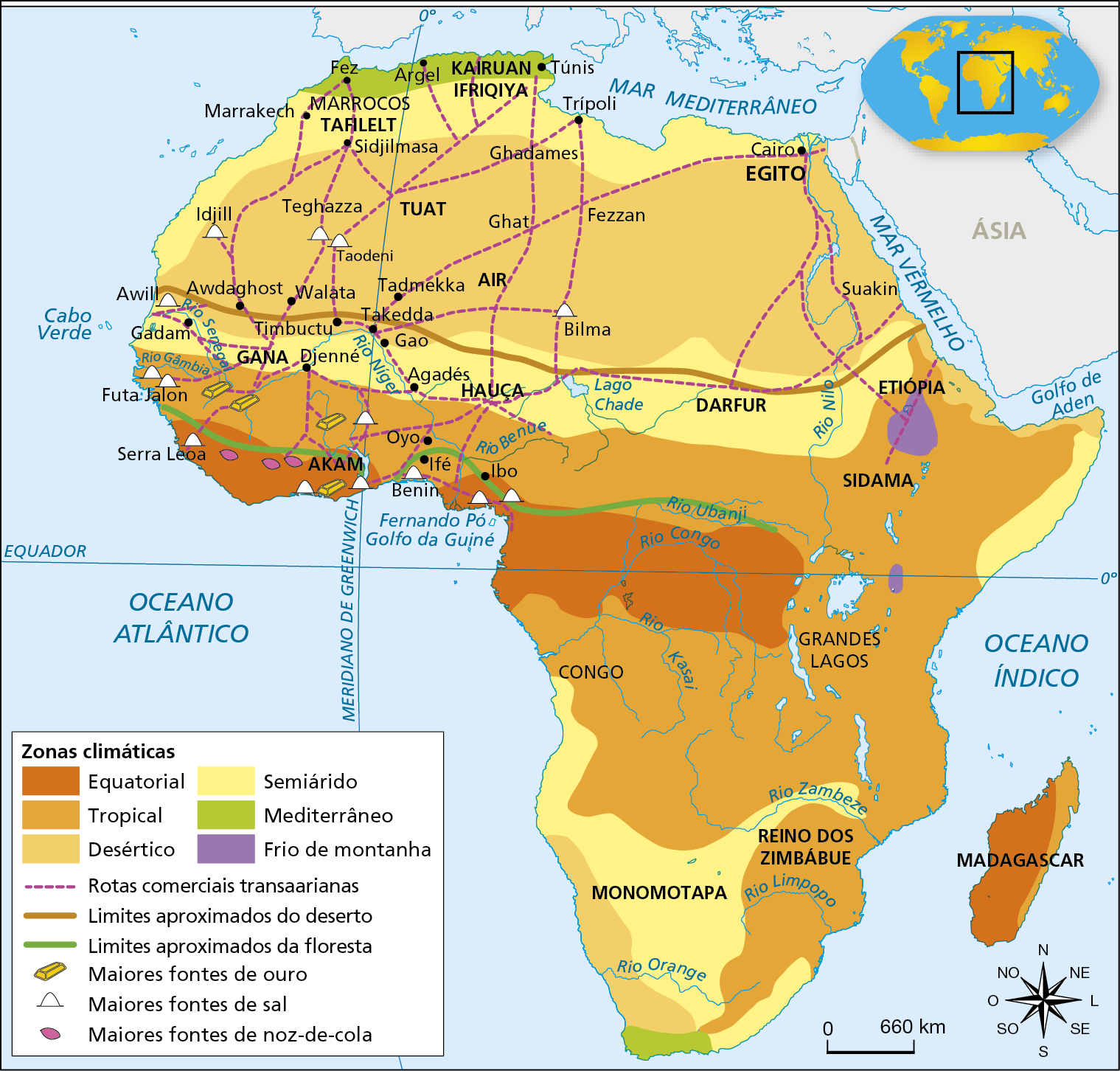 Mapa. As rotas comerciais transaarianas. Século 14. Mapa representando o continente africano. Diferentes áreas estão destacadas por cores distintas e linhas pontilhadas indicam rotas comerciais. Ícones indicam fontes de ouro, sal e noz-de-cola. Em laranja escuro, a 'Zona climática equatorial' abrange parte da costa oeste da África, desde a região de Serra Leoa e do Golfo da Guiné, até a região do Rio Congo atingindo as proximidades dos Grandes Lagos no centro do continente. Estende-se também por grande parte da ilha de Madagascar. Em laranja médio, a 'Zona climática tropical' abrange territórios ao sul e ao norte da linha do Equador, desde a foz do Rio Gâmbia, no oeste da África, até o Chifre da África, no leste do continente, abrangendo as regiões da Etiópia, de Sidama e dos Grandes Lagos, no oeste do continente; do Congo, no leste do continente e do Reino do Zimbábue, no sudeste do continente. A costa leste da Ilha de Madagascar também está nessa zona climática. Em laranja claro, a 'Zona climática desértica' corresponde à região do Deserto do Saara, no norte do continente, desde a região ao norte do Rio Senegal, no oeste, até o litoral do Mar Vermelho, no leste, compreendendo as regiões do Egito e da Etiópia até o Golfo de Aden. Outra área desértica está situada no sudoeste do continente, na região que hoje corresponde à Namíbia e ao norte da África do Sul, na costa banhada pelo Oceano Atlântico, nas proximidades do Rio Orange. Destacado em amarelo claro, o 'Semiárido' africano abrange a região de Monomotapa e o sul da África, estendendo-se desde o litoral do Golfo de Benguela, no oeste africano, ao reino do Zimbábue, às margens do rio Zambeze, no leste. O semiárido também compreende a região do Sahel, desde a região que hoje compreende o Senegal, no oeste africano, até a Etiópia, no leste, estendendo-se pelas regiões de Gana, Hauçá, Darfur e Etiópia.  No norte da África, também há zonas climáticas de Semiárido, desde o litoral do território que hoje compreende a Mauritânia, no noroeste, até a foz do Rio Nilo, no norte do continente. Destacada em verde, a 'Zona climática do mediterrâneo' abrange uma pequena parte do litoral norte do continente, na região que hoje compreende o Marrocos, a Argélia e a Tunísia e, no sul do continente, o litoral sul da África do Sul. As pequenas zonas destacadas em lilás, que correspondem ao 'Frio de montanha', estão localizadas na região que hoje compreende a Etiópia e o Quênia; e a leste do Lago Vitória, no território que hoje compreende o Quênia e o norte da Tanzânia. Destacadas em linhas pontilhadas cor de rosa, as rotas comerciais transaarianas conectam as regiões do Sahel e do Mediterrâneo, cortando o Deserto do Saara e estendendo-se desde as cidades da zona climática Equatorial, como Ibo, Até a zona climática mediterrânea, atingindo as cidades de Fez, Argel e Túnis. Interligando, no oeste, as regiões de Gana, Akam e Hauçá, ao sul do deserto, com Tafilelt, Ifriqiya e Kairuan, ao norte do deserto; e, no leste, as regiões de Darfur, Etiópia e Sidama, ao sul do deserto, ao Egito, no norte. Nas rotas, são destacadas as cidades: de Gadam, Awdaghost, Walata, Timbuctu, Djenné, Tadmekka, Takedda, Gao, Agadés, Oyo, Ifé e Ibo; Sidjilmasa, Marrakech, Fez, Argel, Túnis, Trípoli e Cairo.  Destacado por uma linha marrom, os 'limites aproximados do Deserto do Saara' estendem-se do oeste africano, ao norte do Rio Senegal, até o leste do continente, na região que hoje compreende a Eritreia e o Sudão.  Destacados por uma linha verde, os 'limites aproximados da floresta' estão situados na divisa dos climas equatorial e tropical, iniciando-se na costa atlântica, nas proximidades de Futa Jalon e estendendo-se até o centro do continente, nas margens do Rio Ubanji, ao norte do Rio Congo, na região que hoje compreende a República Centro Africana e a República Democrática do Congo. Indicadas por ícones representando barras douradas, as maiores fontes de ouro estão situadas na região tropical, entre Futa Jalon e Oyo, ao sul de Djenné, e na região que hoje corresponde ao litoral da Costa do Marfim, ao sul de Akam. Indicadas por ícones representando triângulos brancos, as maiores fontes de sal abrangem, no oeste do continente, a região de Serra Leoa, Futa Jalon, Awill, Idjill, Teghazza e Taodeni; a região do Golfo do Benim, com destaque para as cidades de Oyo e Ifé; a região do Golfo da Guiné, com destaque para a cidade de Ibo, além de Bilma, ao norte do Lago Chade, no sul do Deserto do Saara. Indicadas por ícones representando formas ovais cor de rosa, as maiores fontes de noz-de-cola estão nos territórios entre Serra Leoa e Akam, na região que hoje compreende parte da Guiné, a Costa do Marfim e Gana. No canto inferior direito, rosa dos ventos e escala de 0 a 660 quilômetros.
