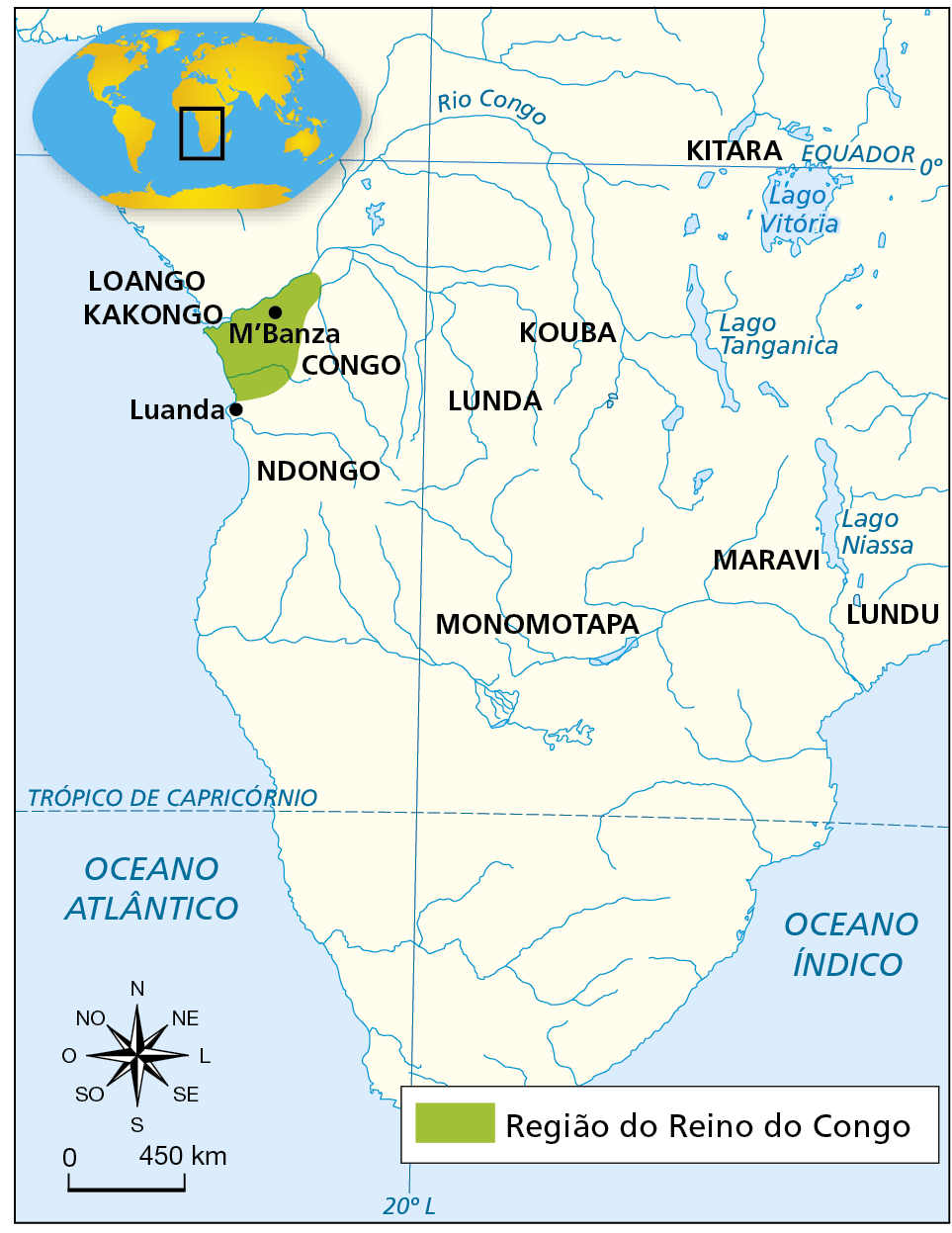 Mapa. A região do reino do Congo. Século 16. Mapa representando o sul e o centro do continente africano. Um território está destacado em verde. Há nomes de regiões e hidrografia sinalizada. Em verde, em destaque, a 'Região do Reino do Congo', na costa oeste da África, entre o sul da foz do Rio Congo e a região ao norte do rio Kwanza, no território que hoje corresponde à Angola. Destaque para as cidades de M’Banza e Luanda. Ao sul do rio Kwanza, o Ndongo; ao norte do Congo, Loango Kakongo. Outros destaques: à leste do Reino do Congo, Kouba e Lunda; a noroeste do Lago Vitória, Kitara; a oeste do Lago Niassa, Maravi; ao sul do Lago Niassa, Lundu; e na região do Rio Zambeze, Monomotapa. No canto inferior esquerdo, rosa dos ventos e escala de 0 a 450 quilômetros.