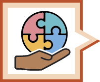 Ícone. Ilustração de um círculo de quatro cores, montado como um quebra-cabeça, sobre uma mão, indicando a seção Integrar conhecimentos.