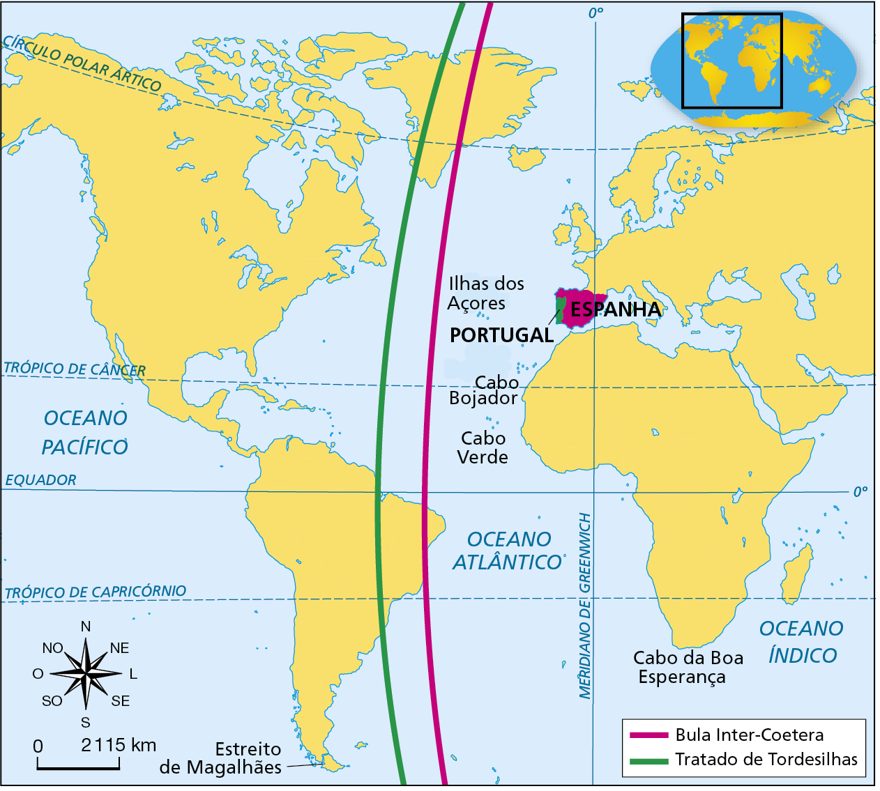 Mapa. Divisão das terras ultramarinas entre Portugal e Espanha (1493-1494). Mapa representando, em amarelo, partes da América, da África, Europa e Ásia.  Destaque para as Ilhas dos Açores, o Cabo Bojador, Cabo Verde o Cabo da Boa esperança. A leste do Meridiano de Greenwich há duas linhas verticais, uma verde e outra cor de rosa. Na legenda, a linha rosa indica: 'Bula Inter-Coetera';  a linha verde, indica: 'Tratado de Tordesilhas'. O território de Portugal está destacado em verde. O território da Espanha está destacado em rosa. Representada por uma linha rosa, a Bula Inter-Coetera atravessa o mapa verticalmente oeste das ilhas dos Açores e de Cabo Verde. Atravessando o leste da Groenlândia e parte do nordeste do território que hoje corresponde ao Brasil. O leste da Groenlândia, uma parte do nordeste da América do Sul, a África e a Ásia ficariam sobre a influência de Portugal; à Espanha, caberia praticamente todo o continente americano. Representado por uma linha verde, a linha do Tratado de Tordesilhas atravessa o mapa verticalmente, a oeste das ilhas do Açores e de Cabo Verde. Atravessando o oeste da Groenlândia, e, na América do Sul, atravessa a região de Belém e da Ilha de Marajó. Com essa divisão, um território maior da Groenlândia, do leste do território da América do Sul, além de África e da Ásia pertenceriam a Portugal; à Espanha, caberia boa parte da América. No canto inferior esquerdo, rosa dos ventos e escala de 0 a 2.115 quilômetros.