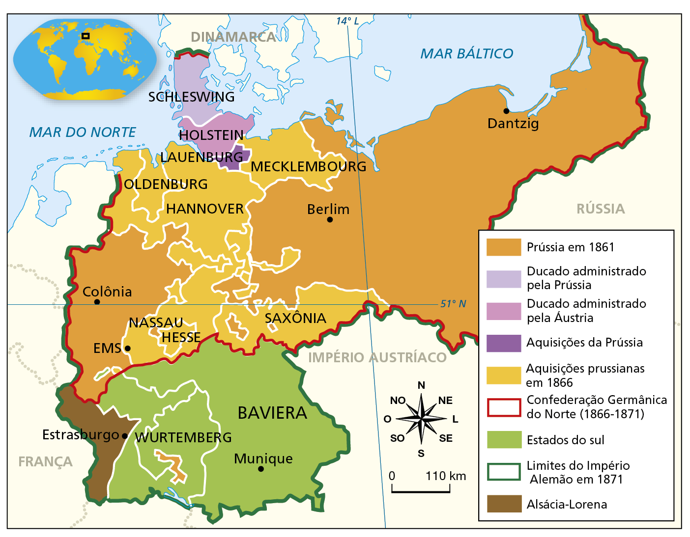 Mapa. Unificação da Alemanha. Século 19. Mapa representando parte do norte do continente europeu, com o Mar do Norte a noroeste e o Mar Báltico a nordeste. No continente, entre a França (a oeste), a Rússia (a leste), e o Império Austríaco (ao sul), diferentes territórios estão demarcados com cores distintas.  Na legenda, em cor de laranja, 'Prússia em 1861'. Estendendo-se a oeste, desde a fronteira com os Países Baixos, a Bélgica e a França, com destaque para a cidade de Colônia, até os limites das regiões de Hannover e Nassau, com territórios a norte de Hesse e na Saxônia. E a leste, estendendo-se desde os limites das regiões de Mecklembourg e Saxônia, com destaque para a cidade de Berlim, até a fronteira com a Rússia, atingindo o litoral do Mar Báltico com destaque para a cidade de Dantzig, e o Império Austríaco, ao sul. Em lilás, 'Ducado administrado pela Prússia'. Destaque para a região de Schleswing, na Península da Jutlândia, ao sul da Dinamarca. Em rosa, 'Ducado administrado pela Áustria'. Destaque para Holstein, ao sul de Schleswing, entre os mares do Norte e Báltico. Em roxo, 'Aquisições da Prússia'. Destaque para Lauenburg, ao sul de Holstein. Em amarelo, 'Aquisições prussianas em 1866'. Destaque para as regiões de Hannover, Oldenburg, Mecklembourg, Saxônia, Hesse e Nassau.  Contornada por uma linha vermelha, 'Confederação Germânica do Norte (1866-1871)'. Englobando os territórios da Prússia em 1861 e as regiões de Hannover, Oldenburg, Mecklembourg, Nassau, Hesse, Saxônia, Lauenburg, Holstein e Schleswing.  Em verde claro, 'Estados do sul'. Englobando Wurtemberg e Baviera (com destaque para a cidade de Munique), ao sul da Confederação Germânica do Norte.  Contornado por uma linha verde escura, 'Limites do Império Alemão em 1871'. Englobando os territórios da Confederação Germânica do Norte e as regiões da Alsácia-Lorena (ao sul da Prússia), Wurtemberg e Baviera (com destaque para a cidade de Munique).  Em marrom, 'Alsácia-Lorena', um território ao sul da Prússia, a leste da França e a oeste de Wurtemberg, com destaque para a cidade de Estrasburgo. No canto inferior direito, rosa dos ventos e escala de 0 a 110 quilômetros.
