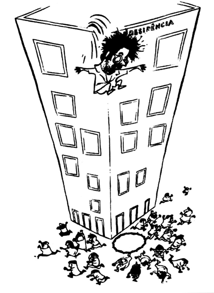 Charge. Um homem se joga do alto de um prédio de seis andares. Ele olha para baixo com espanto. No chão, uma estrutura redonda, como uma rede de resgate, é abandonada ali por pessoas que correm para longe do prédio. No topo do prédio, na fachada, está escrito: Presidência.