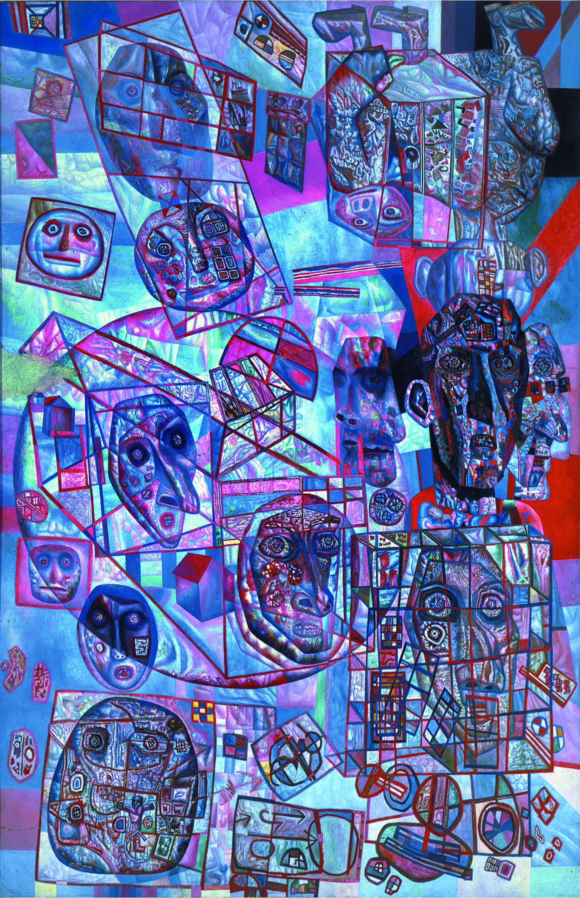 Pintura. Fundo em tons de azul-claro e azul-escuro, quadrados de contorno vermelho. Desenhos de rostos de fórmas variadas, cabeças de pequeno e médio tamanhos, arredondadas e ovaladas. No canto superior direito, o rosto de um homem parece estar de cabeça para baixo. Entre os rostos representados, há formas geométricas diversas de contornos vermelhos, círculos, quadrados, retângulos. As formas se sobrepõem em algumas partes da tela, remetendo a uma paisagem imaginária, subjetiva, e pouco realista.