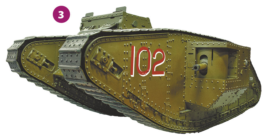 Fotografia 3. Um tanque de guerra  em tons de verde-escuro. Na lateral, está escrito o número 102 em vermelho.