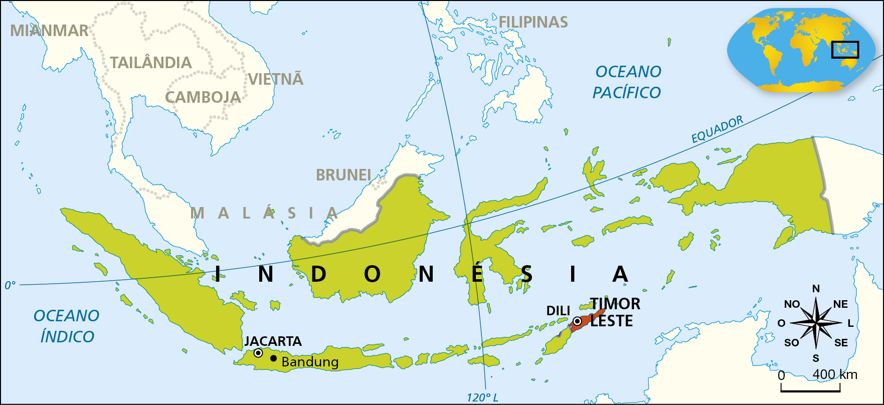 Mapa. Indonésia e Timor Leste.
O mapa não apresenta legenda.
Em verde, estão destacados os territórios da Indonésia, com capital em Jacarta e tendo Bandung como uma das cidades importantes do arquipélago. Em vermelho, está destacado o Timor Leste, com capital em Dili.
Na parte inferior direita, rosa dos ventos e escala de 0 a 400 quilômetros.