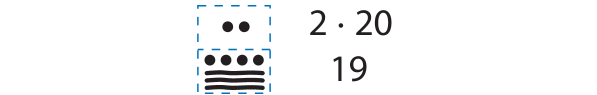 Ilustração. 1 retângulo tracejado dividido ao meio, indicando dois andares. 3 traços horizontais com 4 pontos acima na parte inferior corresponde a 19 e 2 pontos na parte superior, 2 multiplicado por 20.