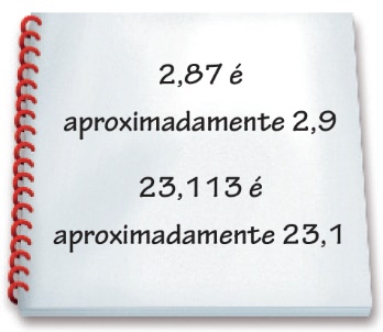 Ilustração. Imagem de caderno escrito 2 vírgula 87 é aproximadamente 2 vírgula 9. 23 vírgula 113 é aproximadamente 23 vírgula 1.