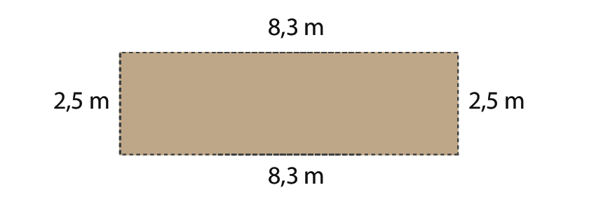 Figura geométrica. Retângulo marrom com as medidas dos lados: 8 vírgula 3 metros; 2 vírgula 5 metros; 8 vírgula 3 metros; 2 vírgula 5 metros.