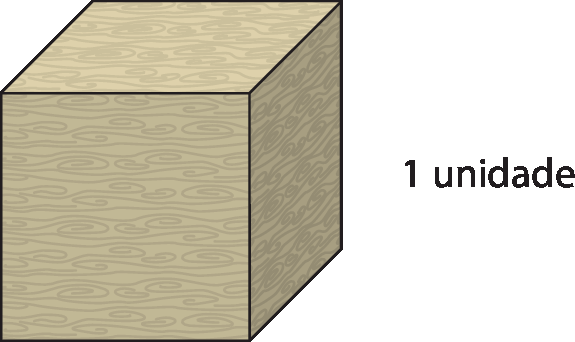 Figura geométrica. Cubo maior do material dourado de madeira. A direita o texto: 1 unidade.