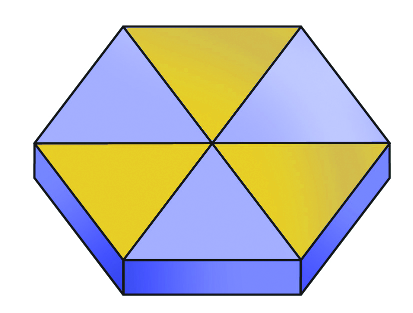 Ilustração. Caixa cuja superfície da tampa tem o formato de um hexágono dividido em 6 partes triangulares iguais: 3 amarelas e 3 roxas que se intercalam.