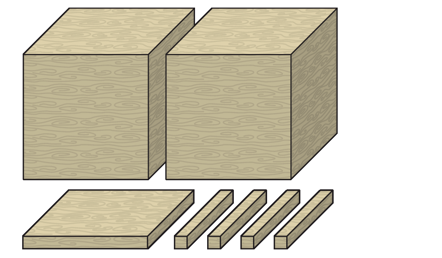 Figura geométrica. Número 2 vírgula 14 representado usando material dourado: 2 cubos maiores indicando 2 inteiros, 1 placa indicando 1 décimo e 4 barras indicando 4 centésimos.