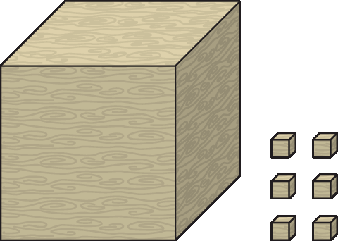 Figura geométrica. Número 1 vírgula 006 representado usando material dourado: 1 cubo maior indicando  1 inteiro e 6 cubos menores indicando 6 milésimos.