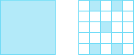 Figuras geométricas. Representação de 2 quadrados com as mesmas medidas de comprimento dos lados 
O quadrado da esquerda está totalmente pintado de azul.
O quadrado da direita está dividido em 25 partes quadradas, dispostas em 5 linhas com 5 partes cada.

Cinco partes estão pintadas de azul. De cima para baixo, na primeira linha, a segunda e a quarta. Na terceira linha, a terceira parte e na quinta linha, a segunda e a quarta.