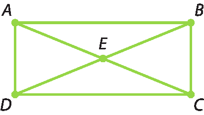 Figura geométrica. Representação do contorno de um retângulo ABCD com sua diagonais interceptando-se no ponto E.