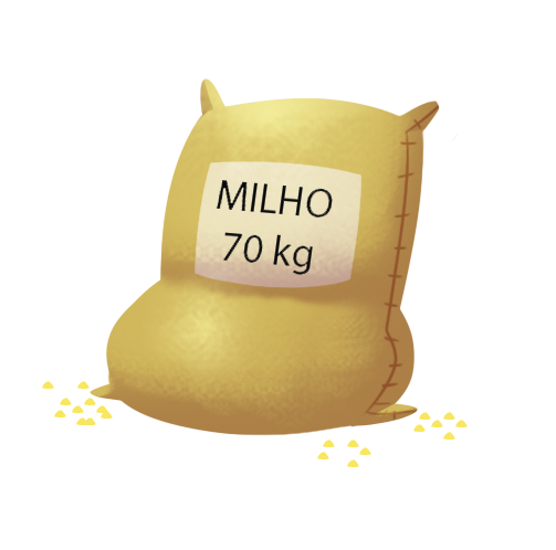 Ilustração. Saco de milho, bege, com texto: Milho 70 quilogramas.