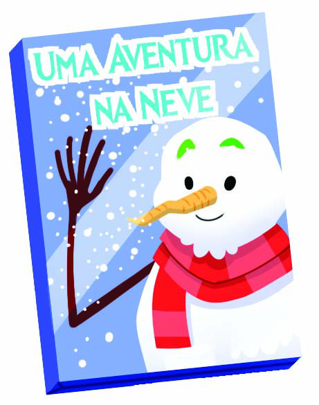 Ilustração. Capa do filme. No alto, o título ‘Uma aventura na neve’. Abaixo, boneco de neve com cachecol vermelho acenando. Legenda: Uma aventura na neve, MMXIV.