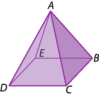 Figura geométrica. Pirâmide, roxa, de base quadrada, o vértice superior da pirâmide no ponto A e vértices da base B, C, D e E.