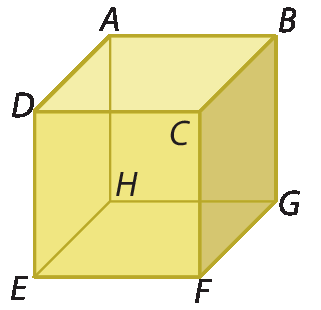 Figura geométrica. Cubo, amarelo com vértices da face superior nos pontos A, B, C e D e na face inferior os pontos E, F, G, e H.