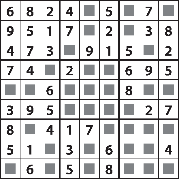 Quadro. Tabuleiro de Sudoku.  Quadriculado de 9 linhas por 9 colunas. Alguns quadrados estão preenchidos com números e outros com quadrinhos cinzas.
Primeira linha: 6, 8, 2, 4, quadrinho cinza, 5, quadrinho cinza, 7, quadrinho cinza.
Segunda linha: 9, 5, 1, 7, quadrinho cinza, 2, quadrinho cinza, 3, 8.
Terceira linha: 4, 7, 3, quadrinho cinza, 9, 1, 5, quadrinho cinza, 2.
Quarta linha: 7, 4, quadrinho cinza, 2, quadrinho cinza, quadrinho cinza, 6, 9, 5.
Quinta linha: quadrinho cinza, quadrinho cinza, 6, quadrinho cinza, quadrinho cinza, quadrinho cinza, 8, quadrinho cinza, quadrinho cinza.
Sexta linha: 3, 9, 5, quadrinho cinza, quadrinho cinza, quadrinho cinza, quadrinho cinza, 2, 7.
Sétima linha: 8, quadrinho cinza, 4, 1, 7, quadrinho cinza, quadrinho cinza, quadrinho cinza, quadrinho cinza.
Oitava linha: 5, 1, quadrinho cinza, 3, quadrinho cinza, 6, quadrinho cinza, quadrinho cinza, 4.
Nona linha: quadrinho cinza, 6, quadrinho cinza, 5, quadrinho cinza, 8, quadrinho cinza, quadrinho cinza, quadrinho cinza.