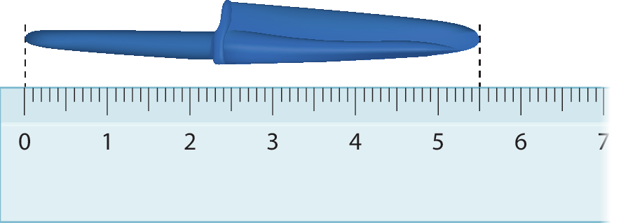 Esquema. Régua graduada, acima o desenho da tampa azul de uma caneta na horizontal, com linha tracejada nas extremidades da tampa e do 0 até o tracinho 55 da régua.