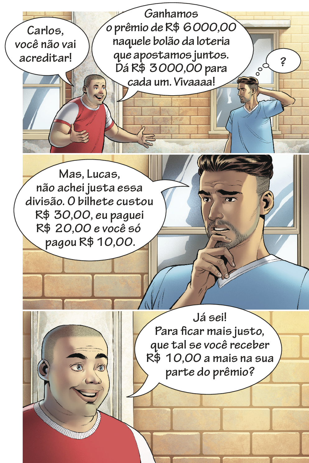 Ilustração. História em quadrinhos com 3 quadros. No primeiro quadro Lucas e Carlos conversam em frente a uma parede de tijolinho e janelas de vidro. Lucas está a esquerda com uma camiseta vermelha de mangas brancas, cabelo raspado, está gesticulando com as mãos  e tem dois balões de fala. No primeiro: Carlos, você não vai acreditar! No segundo: Ganhamos o prêmio de 6 mil reais naquele bolão da loteria que apostamos juntos. Dá 3 mil reais para cada um. Vivaaaa!
Carlos está a direita, cabelo castanho penteado para trás e raspado dos lados. Usa uma camiseta azul e está com a mão esquerda apoiada atrás da cabeça e tem um balão de pensamento com um ponto de interrogação. No segundo quadro, aparece apenas Carlos com expressão de dúvida e mão esquerda segurando o queixo. Balão de fala com o texto: Mas, Lucas, não achei justa essa divisão. O bilhete custou 30 reais, eu paguei 20 reais e você só pagou 10 reais. No terceiro quadro aparece apenas Lucas sorrindo com balão de fala: Já sei! Para ficar mais justo, que tal se você receber 10 reais a mais na sua parte do prêmio?