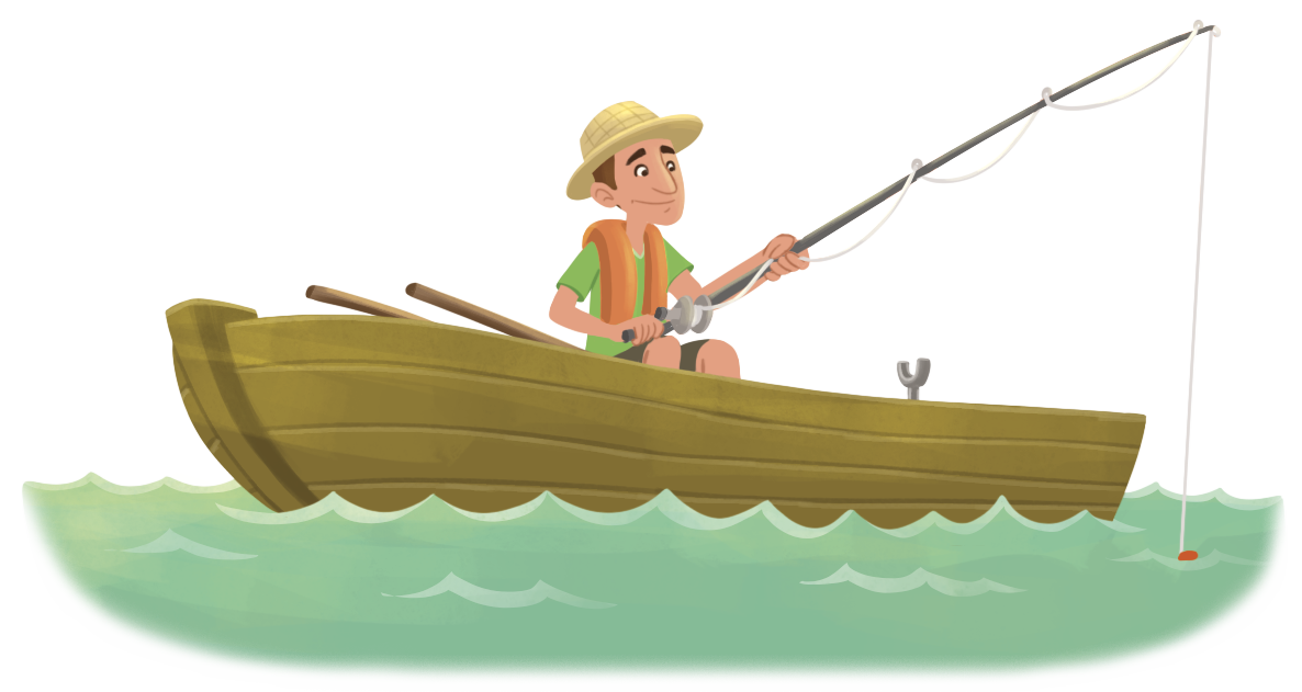 Ilustração. Jair, homem branco, de cabelo marrom, usando chapéu, camiseta verde, colete salva vidas laranja, segurando uma vara de pescar, sentado dentro de um barco, pescando.