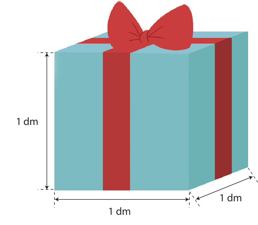 Ilustração. Caixa de presente que se parece com um cubo azul, tem um laço vermelho em cima e faixas vermelhas nas faces. Cota horizontal, no comprimento indicando 1 decímetro, cota vertical na altura indicando 1 decímetro, cota na largura indicando 1 decímetro.