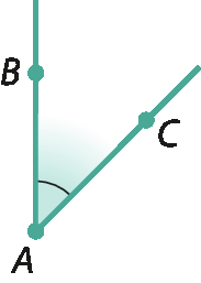 Figura geométrica. Ângulo com abertura para cima, formado pela semirreta com origem no ponto A, passando pelo ponto B e pela semirreta com origem no ponto A passado pelo ponto C.