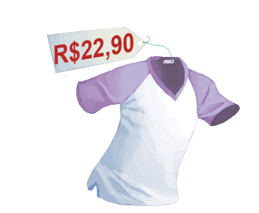 Ilustração. Camiseta branca, gola V, mangas roxas com etiqueta de preços indicando 22 vírgula 90 reais.