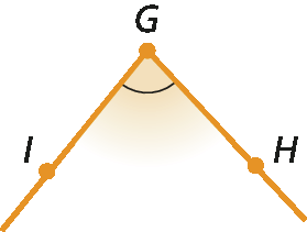 Figura geométrica. Ângulo com abertura para baixo, formado pela semirreta com origem no ponto G, passando pelo ponto H e pela semirreta com origem no ponto G passado pelo ponto I.