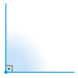 Figura geométrica. Ponto azul que é origem de duas semirretas azuis. Uma semirreta na vertical e outra na horizontal. A região interna limitada por estas duas semirretas, está destacada em azul. Além disso, na região interna do ângulo, próximo à origem, há um símbolo similar ao contorno de um quadrado com um ponto no centro.