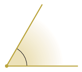 Figura geométrica. Ponto bege que é origem de duas semirretas bege. Uma semirreta com inclinação para direita e outra na horizontal para direita. A região interna limitada por estas duas semirretas, está destacada em bege e tem um arco identificando um ângulo.