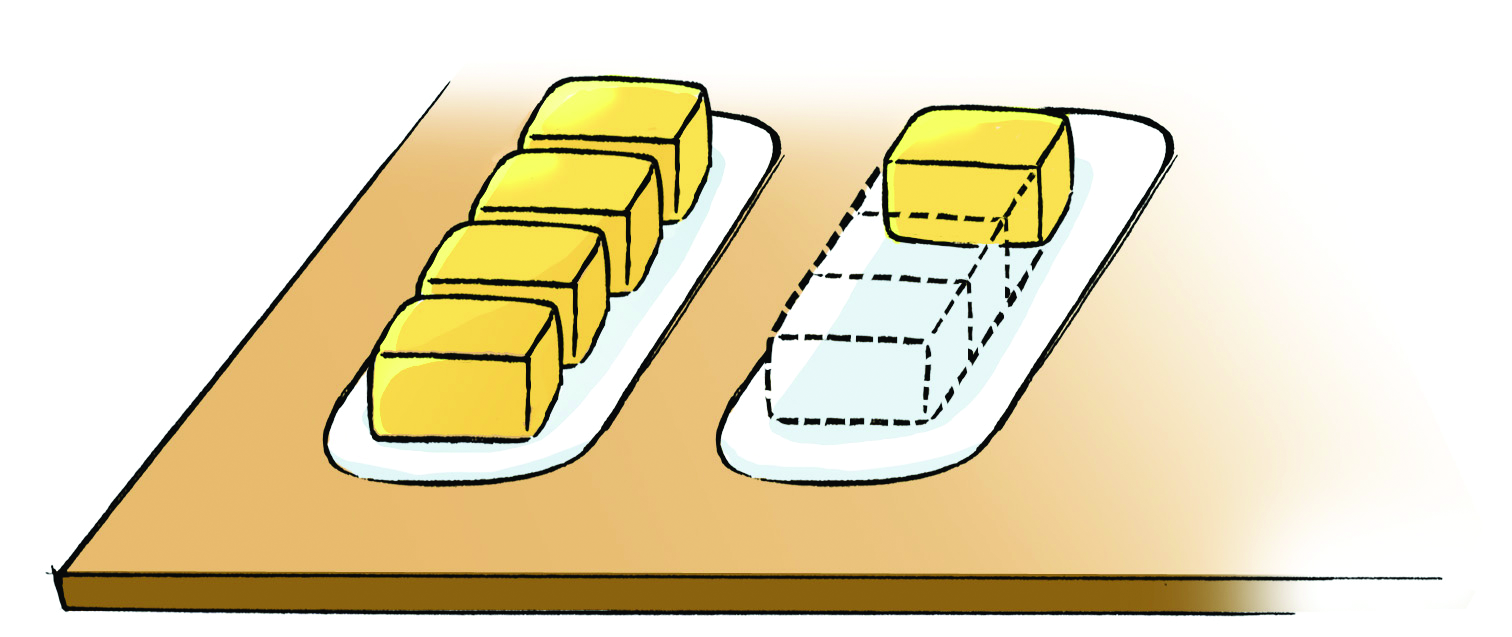 Ilustração. Mesa com 2 tabletes de margarina sendo que o da esquerda está completo com marcações de divisão em 4 partes iguais. O da direita tem apenas o equivalente a 1 quarto do tablete. Está representado na figura com linhas tracejadas os outros três quartos desse tablete.