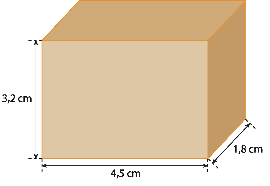 Figura geométrica. Paralelepípedo marrom. Cota horizontal, no comprimento indicando 4 vírgula 5 centímetros, cota vertical na altura indicando 3 vírgula 2 centímetros, cota na largura indicando 1 vírgula 8 centímetros.