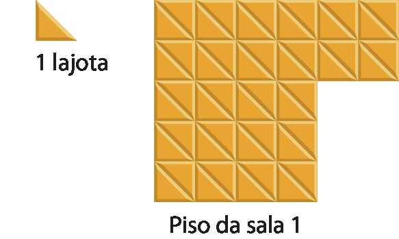 Figura geométrica. Piso da sala 1.
À esquerda, triângulo laranja, formado a partir da metade de um quadrado para representar 1 lajota.
À direita, piso da sala, formado por dois retângulos juntos lembrando o formato de uma letra L ao contrário: o primeiro retângulo tem 2 linhas com 6 quadradinhos cada, e logo abaixo junto á ele, 3 linhas com 4 quadradinhos cada. Todos os quadradinhos estão indicando que foram usadas duas lajotas.