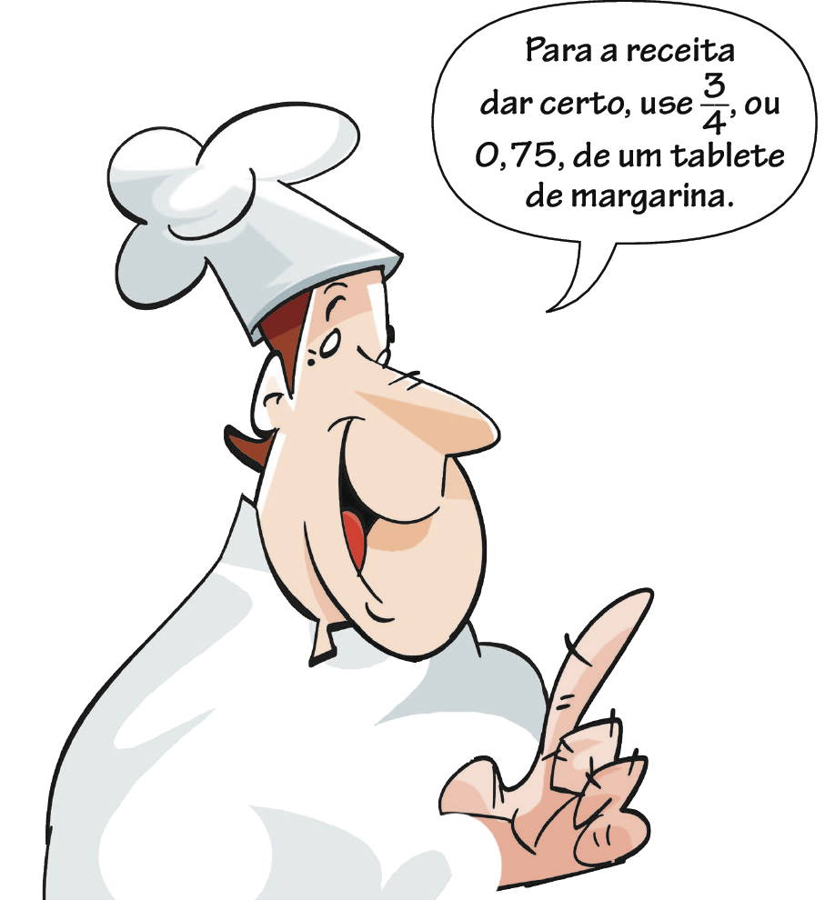 Ilustração. Homem branco de cabelo marrom, usando uniforme branco de cozinheiro com o dedo indicador levantado, falando: para a receita dar certo, use três quartos, ou 0 vírgula 75, de um tablete de margarina.