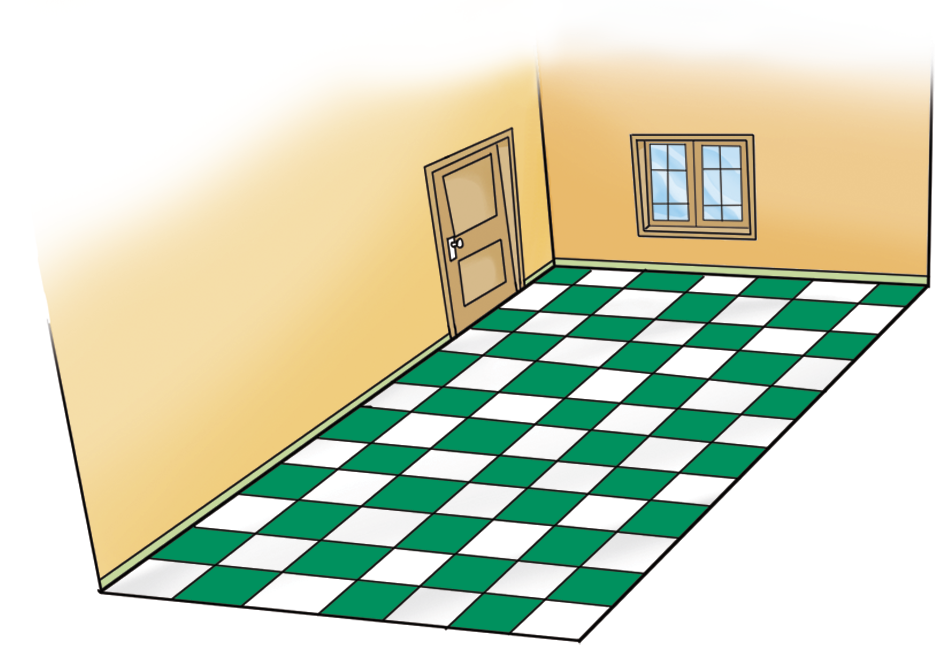 Ilustração. Vista superior da sala de uma casa, com piso retangular de lajotas xadrez na cor verde e branco. Em seu comprimento há 12 lajotas e na largura 7 lajotas.