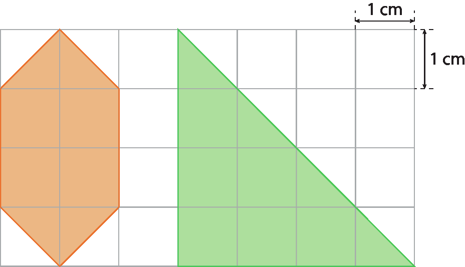 Figura geométrica. Malha quadriculada com quadradinhos de 1 centímetro de lado e duas figuras geométricas.
À esquerda, figura laranja ocupando  4 linhas com 2 quadradinhos cada: na segunda e na terceira linhas, estão pintados dois quadradinhos cada uma, na primeira e na quarta linhas estão pintados metade dos quadradinhos.
À direita, triângulo verde: na primeira linha no quarto quadradinho está pintado metade, na segunda linha está pintado um quadradinho, mais metade de outro; na terceira linha estão pintados dois quadradinhos, mais metade de outro; na quarta linha estão pintados 3 quadradinhos, mais metade de outro.