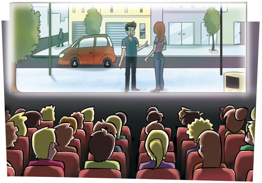 Ilustração. Sala de cinema com pessoas sentadas em poltronas enfileiradas, assistindo um filme. Na tela um homem e uma mulher em pé conversando na calçada. Atrás deles um carro vermelho.