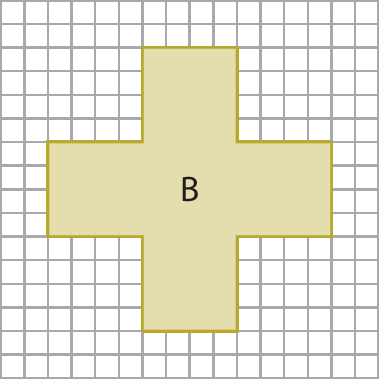 Figura geométrica. Malha quadriculada com 16 linhas, com 16 quadradinhos cada uma, com uma figura que lembra o formato de uma cruz, formada por quadradinhos marrom e com a letra B no centro. Retângulo na vertical no meio da malha, a partir da terceira linha, com 4 quadradinhos no comprimento e 12 quadradinhos na largura. À esquerda junto ao retângulo, um quadrado formado por 16 quadradinhos, a partir da sétima linha da malha. À direita, junto ao retângulo e na mesma direção do outro quadrado, mais um quadrado formado por 16 quadradinhos.