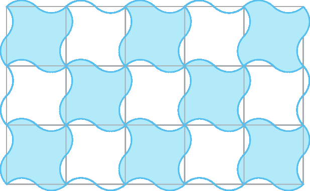 Figura geométrica. Malha quadriculada com 3 linhas, com 5 quadradinhos cada uma. Superfície azul ondulada sobre parte da malha, na primeira linha está sobre o primeiro, terceiro e quinto quadradinhos, na segunda sobre o segundo e o quarto e na terceira linha sobre o primeiro, terceiro e o quinto quadradinhos. 4 pedaços da superfície azul ultrapassa os lados do quadradinho e 4 pedaços não cobrem uma parte do quadradinho.