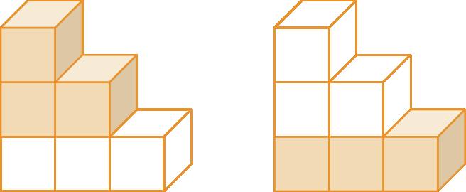 Figuras geométricas. Representação de dois sólidos geométricos iguais formados com 6 cubos organizados de maneira que tem o formato parecido com o de uma escada em três camadas: a primeira de baixo para cima, com 3 cubos, a segunda camada com 2 cubos e a última com 1 cubo. O sólido da esquerda tem os cubos da segunda e terceira camada, de baixo para cima, pintados em laranja e os demais são brancos. O sólido da direita tem os cubos da primeira camada, de baixo para cima, pintados em laranja e os demais são brancos.