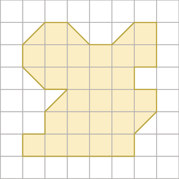 Figura geométrica. Malha quadriculada com 8 linhas, com 8 quadradinhos cada uma. Figura formada por quadradinhos pintados de amarelo. 
Na segunda linha estão pintados os quadradinhos: metade do segundo, na diagonal da esquerda para a direita, o terceiro, metade do quarto na diagonal da direita para a esquerda, metade do sexto na diagonal da esquerda para a direita e o sétimo. 
Na terceira linha estão pintados do segundo ao sétimo quadradinhos.
Na quarta linha estão pintados os quadradinhos: metade do segundo na diagonal da direita para esquerda e do terceiro ao sexto. 
Na quinta linha estão pintados os quadradinhos: metade do terceiro na diagonal da esquerda para a direita e do quarto ao sétimo. 
Na sexta linha estão pintados os quadradinhos: do terceiro ao sexto e metade do sétimo na diagonal da esquerda para a direita.
Na sétima linha estão pintados os quadradinhos: do segundo ao sexto.