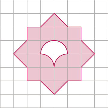 Figura geométrica. Malha quadriculada com 8 linhas, com 8 quadradinhos cada uma. Figura formada por quadradinhos pintados de vermelho.
Na segunda linha estão pintados os quadradinhos: metade do quarto quadradinho na diagonal da esquerda para direita e a metade quinto na diagonal da direita para a esquerda.
Na terceira linha estão pintados do terceiro ao sexto quadradinhos.
Na quarta linha estão pintados os quadradinhos: metade do segundo na diagonal da esquerda para a direita, o terceiro, o quarto com uma parte arredondada no canto superior esquerdo, o quinto uma parte arredondada no canto superior direito, o sexto e metade do sétimo na diagonal da direita para a esquerda.
Na quinta linha estão pintados os quadradinhos: metade do segundo na diagonal da direita para a esquerda, o terceiro, o quarto está pintado de forma arredondada, faltando a pintura no canto superior direito, o quinto está pintando de forma arredondada, faltando a pintura no canto superior esquerdo, o sexto e a metade do sétimo na diagonal da esquerda para a direita. 
Na sexta linha estão pintados do terceiro ao sexto quadradinhos.
Na sétima estão pintados os quadradinhos: a metade do quarto na diagonal da direita para a esquerda e a metade do quinto na diagonal da esquerda para a direita. 
Cada parte arredondada pintada completa um quadradinho com a parte arredondada que estava faltando a pintura.