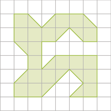 Figura geométrica. Malha quadriculada com 8 linhas, com 8 quadradinhos cada uma. A figura é formada por quadradinhos pintados de verde.
Na segunda linha estão pintados os quadradinhos: o segundo, a metade do terceiro na diagonal da direita para esquerda, a metade do quarto na diagonal da esquerda para a direita, o quinto, o sexto e metade do sétimo na diagonal da direita para a esquerda.
Na terceira linha estão pintados os quadradinhos: do segundo ao quarto, a metade do quinto na diagonal da esquerda para a direita, metade do sexto na diagonal da direita para a esquerda e o sétimo.
Na quarta linha estão pintados os quadradinhos: a metade do segundo na diagonal da direita para a esquerda e o terceiro.
Na quinta linha estão pintados os quadradinhos: terceiro, metade do quarto na diagonal da esquerda para a direita e do quinto ao sétimo.
Na sexta linha estão pintados os quadradinhos: a metade do segundo na diagonal da esquerda para a direita, o terceiro, o quarto, a metade do quinto na diagonal da esquerda para a direita, metade do sexto na diagonal da direita para a esquerda e o sétimo.
Na sétima linha estão pintados os quadradinhos: o segundo, o terceiro, metade do quarto na diagonal da esquerda para a direita, a metade do sexto na diagonal da esquerda para a direita e o sétimo.