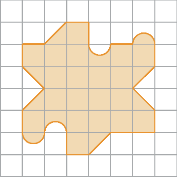 Figura geométrica. Malha quadriculada com 8 linhas, com 8 quadradinhos cada uma. A figura é formada por quadradinhos pintados de laranja.
Na segunda linha estão pintados os quadradinhos: a metade do terceiro na diagonal da esquerda para a direita, o quarto e a parte inferior do sétimo com forma arredondada.
Na terceira linha estão pintados os quadradinhos: do segundo ao terceiro, o quarto faltando pintura na parte superior de forma arredondada, quinto e sexto.
Na quarta linha estão pintados os quadradinhos: a metade do segundo na diagonal da direita para a esquerda, do terceiro ao sexto e a metade do sétimo na diagonal da esquerda para a direita.
Na quinta linha estão pintados os quadradinhos: a metade do segundo na diagonal da esquerda para a direita, do terceiro ao sexto e metade do sétimo na diagonal da direita para a esquerda.
Na sexta linha estão pintados os quadradinhos: o segundo, o terceiro faltando pintura na parte inferior de forma arredondada, do quarto ao sétimo.
Na sétima linha estão pintados os quadradinhos: a parte superior do segundo com forma arredondada, o quarto e a metade do quinto na diagonal da esquerda para a direita.
Cada parte arredondada pintada completa um quadradinho com a parte arredondada que estava faltando a pintura.