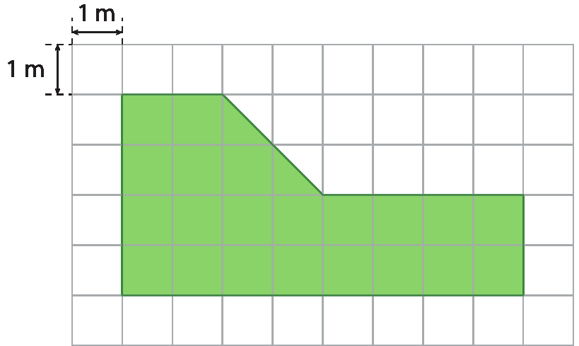 Figura geométrica. Malha quadriculada com 6 linhas, com 10 quadradinho cada uma, com indicação que cada lado do quadradinho tem a medida de 1 metro.
Figura pintada de verde, formada na parte inferior por um retângulo com 2 linhas, com 8 quadradinhos cada uma. Acima, junto ao retângulo, um trapézio com base maior que coincide com 4 quadradinhos da malha, base menor e altura que coincide com 2 quadradinhos da malha e o outro lado coincide com  duas diagonais do quadradinho da malha.