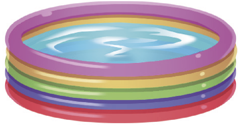 Ilustração. Piscina inflável plástica infantil, circular, colorida, cheia de água.